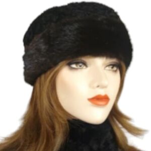 Vintage Kates Boutique Angora Rabbit Blend Plush Black Winter Hat Pillbox ~Sz M